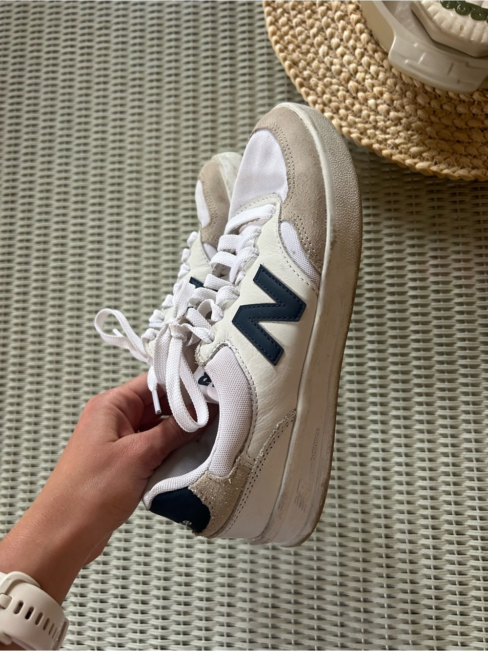 New Balance White, Beige & Navy Low-Top Sneaker